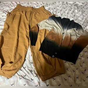 Set: Stylish Tan Wide Leg Pants for Women Sz XL cardigan Sz Lg